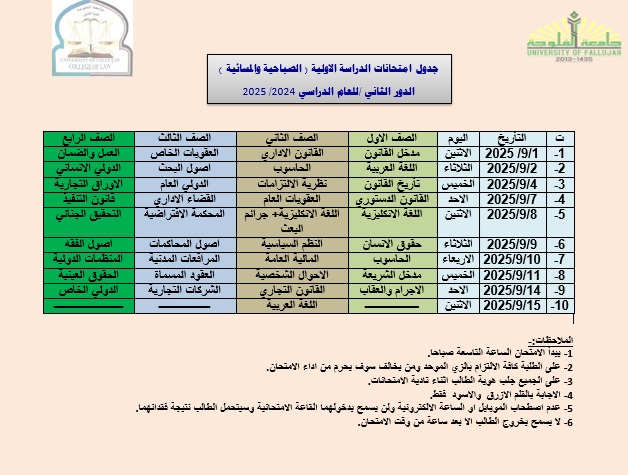Supplementary Exam Schedule for Undergraduate Programs (Day & Evening Shifts), 2024/2025 Academic Year