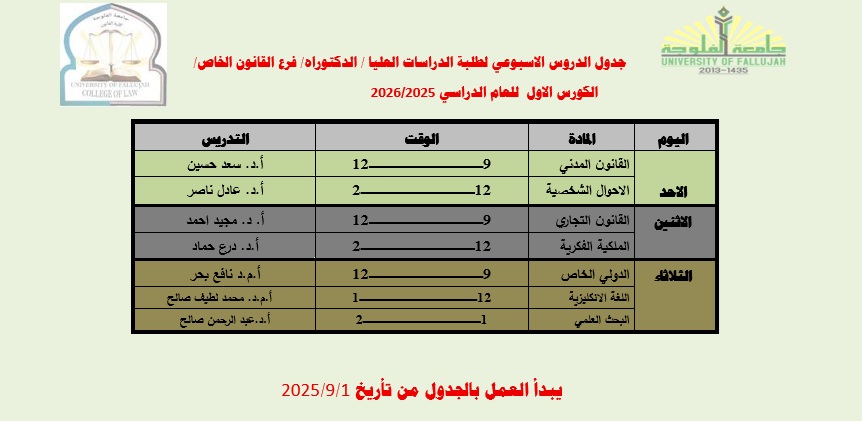 Weekly Class Schedule - Graduate Studies (Private Law) First Semester - Academic Year 2025-2026