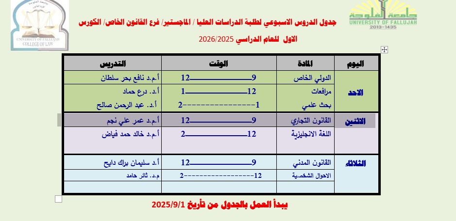 Weekly Class Schedule - Graduate Studies (Private Law) First Semester - Academic Year 2025-2026